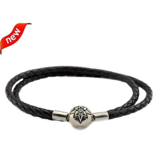 Black Leather Bracelets with Starry Sky Clasp for Women DIY Jewelry Making Fits European Bead Charm 100% 925 Sterling Silver