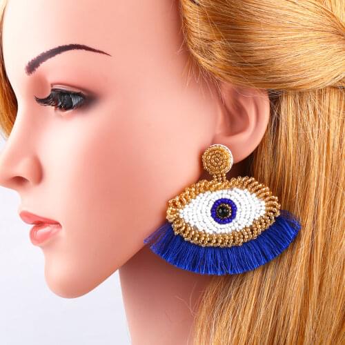 FLOLA Beads Evil Eye Tassel Drop Earrings For Women Black Earrings Handmade Beaded Bohemian Jewelry oorbellen hangers ersq50