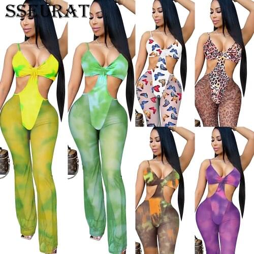 SSEURAT Women Jumpsuit Print Mesh See-through Sleeveless Strap V-neck Hollow Out Jumpsuits Sexy Night Clubwear Summer Outfits