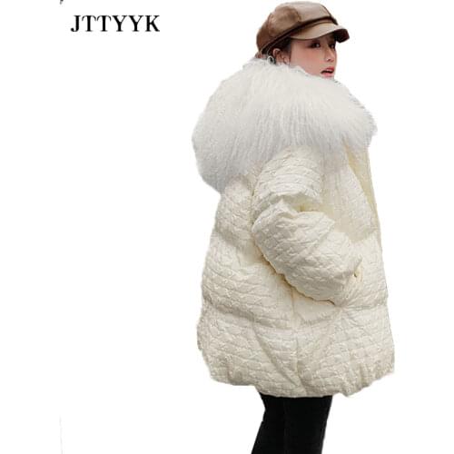 Winter jacket Women Real Beach wool Fur Collar Loose Oversize Down Coat 90% White Duck Down Parka Short Windebreaker Overcoat