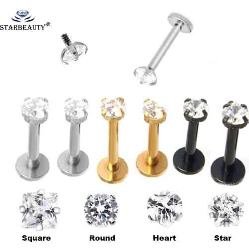 1.2x6/8/10mmm+3mm Titanium Anodized Zircon labret ring Tragus Earring Internally Threaded Prong Top Gem Labret lip piercing