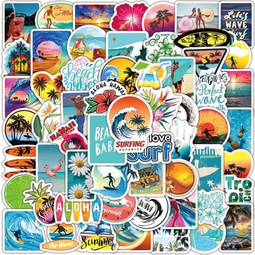 10/50/100pcs Summer Hawaii Beach Surfing Stickers Vinyl Sports Tropical Waterproof Sticker To Surfboard Car Bike Travel Suitcase