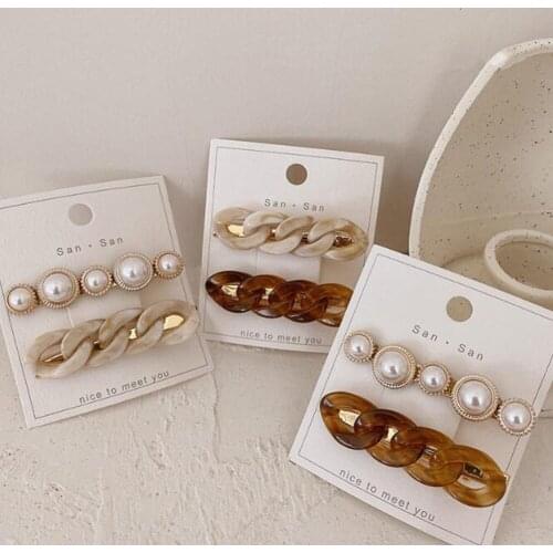 2Pcs/Set Fashion Ins Chain Shape Hair Chain Clips Acrylic Pearl Solid Color Hairpins For Women Girls Hair Accessories