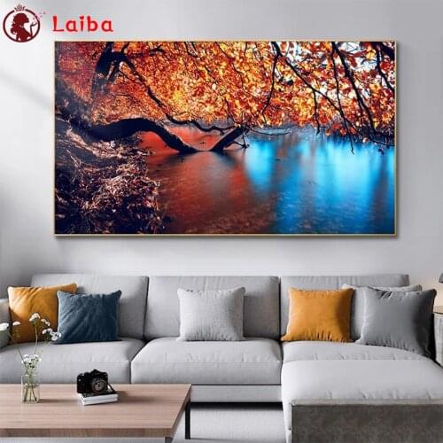 5d diy diamond painting Natural scenery, riverbank trees diamond painting cross stitch mosaic embroidery diamond round square