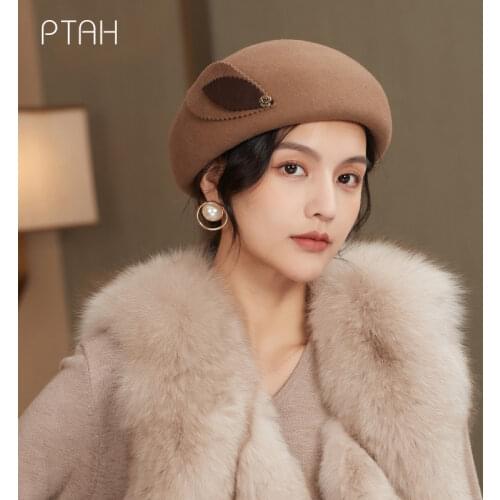 [PTAH] Wool French Beret Hat Solid Color Beret Caps for Women Girls Elegant Temperament 100% Australian Wool Vintage Plain Beret