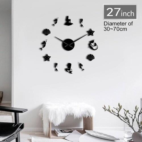 DIY Large Wall Clock 1Piece Mermaid Under The Sea Shell Starfish Fairytale Wall Clock Wall Watch 3D Mirror Effect Wall Sticker