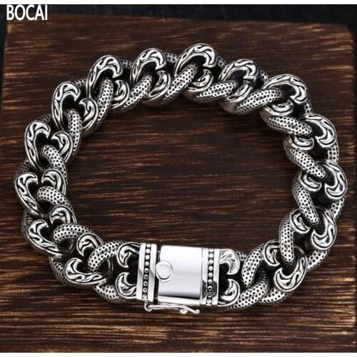 BOCAI New Real solid s925 silver Man bracelet thick vine polka dot retro personalized trendy silverware