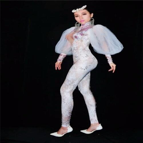 F13 Lace Sleeves Rhinestones Female costumes Crystals Catwalk Performance Jumpsuits DJ Bodysuit stage wears Leotard party dress
