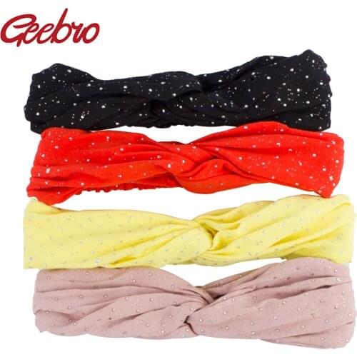 Geebro Womens Silver Dot Rhinestones Headband Summer Cotton Cross Knotted Bow Head Band for Girls Spa Elastic Plain Hairband