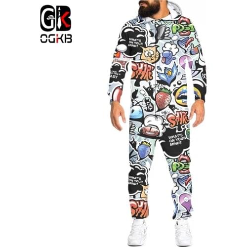 OGKB Hip Hop Creativity Graffiti 3D Printed Romper Womens Jumpsuits Zip Up Hooded Playsuits Full Sleeve Casual Fashion Overalls