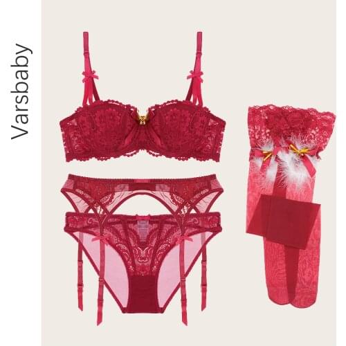 Varsbaby sexy half cup push up underwear set bras+panties+garters+stockings big size bra set christmas red 4pcs