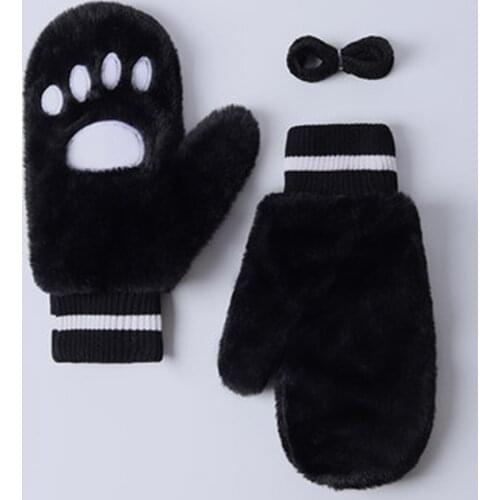 Korean Cute Cartoon Bear Claw Embroidery Plush Hanging Neck Warm mitten Female Winter Velvet Thicken Windproof Cycling Glove H23