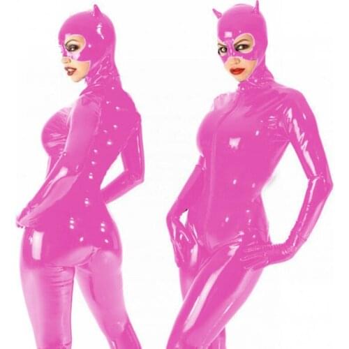 Cat Cosplay Bodysuit PVC Faux Leather Zipper Open Crotch Jumpsuit SexyFooted Catsuit Halloween Costume With Glove Mask