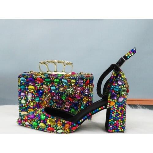 2021 New Arrival Multicolored Womens wedding shoes Bride High Thick heel Female Pumps Ladies party dress shoes bag set Brid