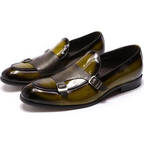 Autumn Fashion Patent Leather Mens Loafers Wedding Party Dress Shoes Black Green Monk Strap Casual Business Men Slip On Shoes