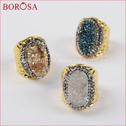 BOROSA Oval Rainbow Titanium Druzy Ring,High Quality Gold Color Nature Quartz Stone Drusy Band Rings Gems for Women JAB757