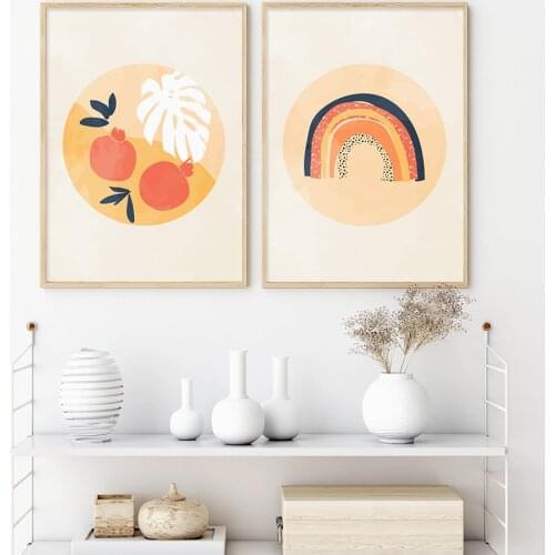 Boho Yellow Orange Waves Stripes Rainbow Leaves Canvas Painting Posters Prints Wall Art Pictures Bedroom Living Room Home Decor