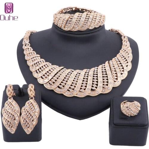 Dubai Gold Luxury Crystal Jewelry Sets Wholesale Italian Bridal Statement Necklace Earring Bangle Ring Jewelry sets