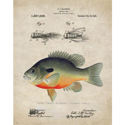 Fishing Lure Patent Antique Bluegill Sunfi Reel Silk Cloth Poster Art Bedroom Decoration