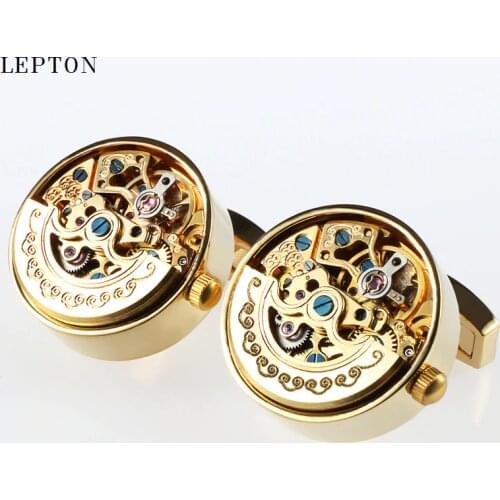 Low-key Luxury Functional Watch Movement Cufflinks Lepton Stainless Steel Steampunk Gear Watch Mechanism Cufflinks for Mens