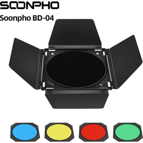 SOONPHO BD-04 Bowens Mount Barn Door w/Honeycomb Grid + 4Color filter Kits For Godox SK400ii DE400 DE300 QS400 QS60 Studio Flash