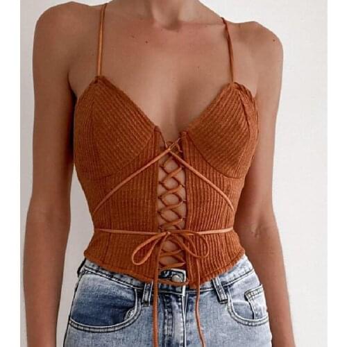 Sexy Summer Cut Out Lace-up Suspender Bustiers Camisoles Fashion Back Cross Ribbed Crop Tops for Women Streetwear