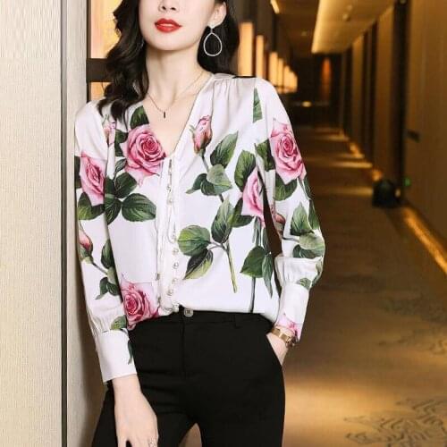 2021 Spring Fall New Women Clothing Floral Printed V Neck Imitation Silk Top Blouse , Woman Flower Pattern Xxl Blouses Tops