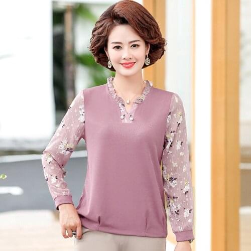 Womens Chiffon Sleeve Knitting T-Shirt 2021 Spring Autumn New Large Size 5XL Floral Tee Tops Casual Pullover Mother Clothes