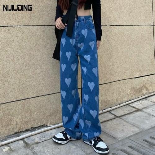 Retro Heart printed High Waist Wide Leg Pants Jeans Women Loose Ins Style Staight Panton Female Long Trousers High Street Jeans