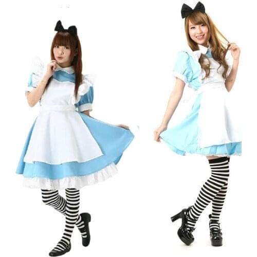 Halloween Alice In Wonderland Carnival Party Women Cosplay Costume Blue Lolita Dress Anime Sissy Maid Uniform Fancy Headwear