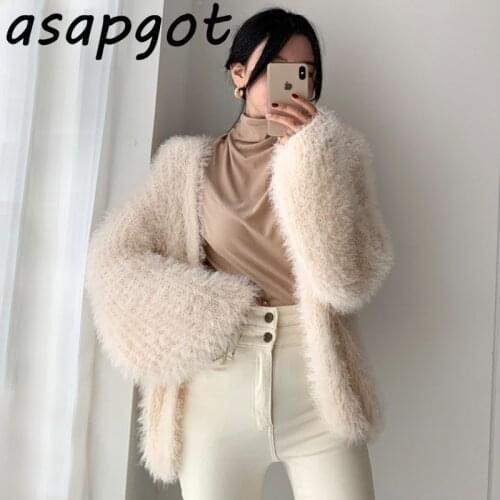 Asapgot Chic Korea Fall Temperament Wild Fluffy Loose Casual Warm Mohair Apricot Cardigan Sweater Jacket Women Pink Tops Sweet