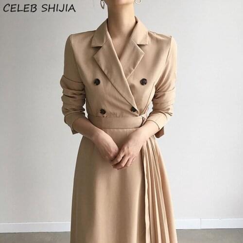 New Autumn Double Breasted Dress Woman Turn-down Neck Khaki Elegant Pleated Dresses Vestido Long Sleeve Korean Dress Woman Fall