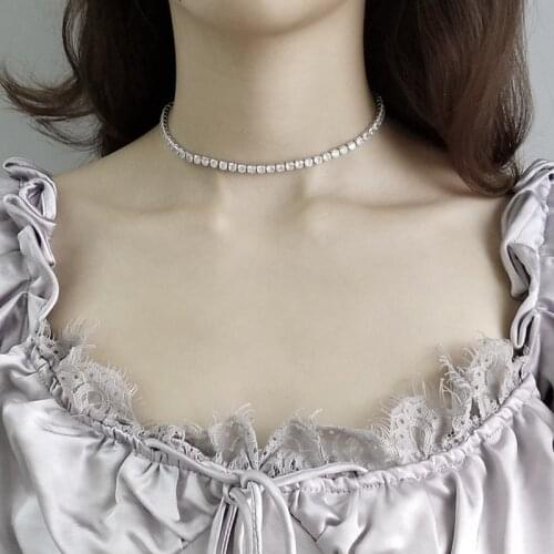 Zircon Choker Necklace tennis chain Short Womens Korean Simple S925 Sterling Silver Fine Jewelry Total 33cm
