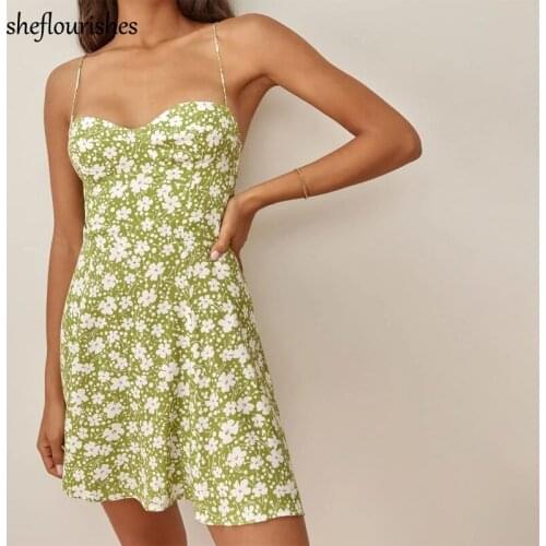 2021 Women dress sexy spaghetti strap dress summer floral print mini dresses women vintage a line dress korean sundress green