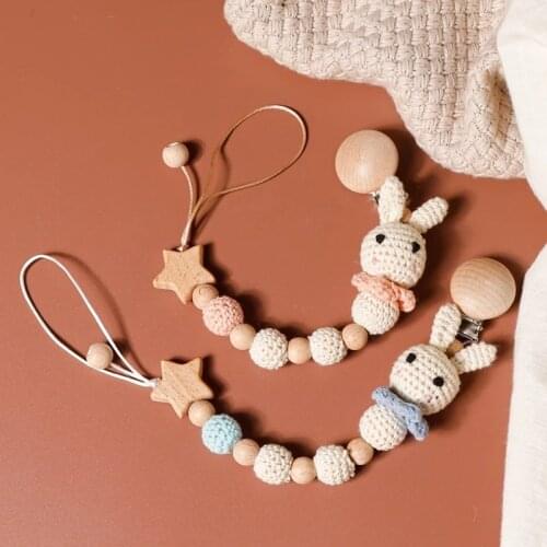 1pc Baby Pacifier Chain Teeting Chains Crochet Rabbit Panda Beads Wooden Clips Wood Teether Tiny Rod Kids Dummy Clips Baby Toys