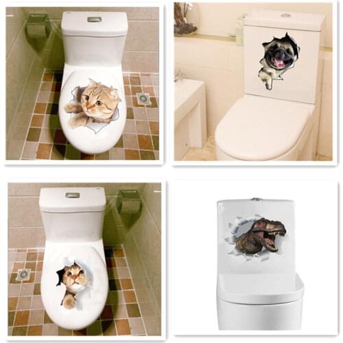Cat Dog 3D Smashed Switch Wall Sticker Bathroom Toilet Kicthen Decorative Decals Funny Animals Decor Poster PVC Mural Art