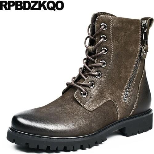 Shoes army military warm combat italian faux fur full grain leather zipper winter men boots with short booties lace up genuine