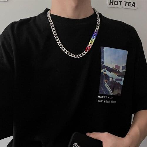 Cosysail Rainbow Color Acrylic Chain Necklaces for Women Men Personality Stainless Steel Choker Necklace Statement Jewelry Gift