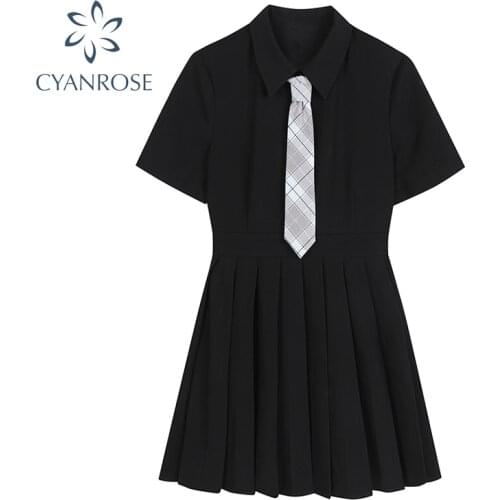 Black Short Sleeve Preppy Style Womens Dress 2021 New Summer Pleated Short Dress Slim High waist Fashion Casual Dress Female