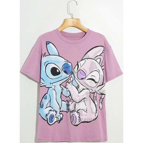 Disney Cartoon Stitch Shirts for Women Print Round Neck Short-sleeved Women Fashion Clothing Graphic T-Shirts Harajuku Kawaii