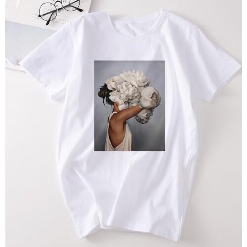 Womens T Shirts Harajuku Aesthetic Feather Flowers Printing T-shirt Fashion O Neck Short Sleeve Tee Shirt Casual Women Clothing