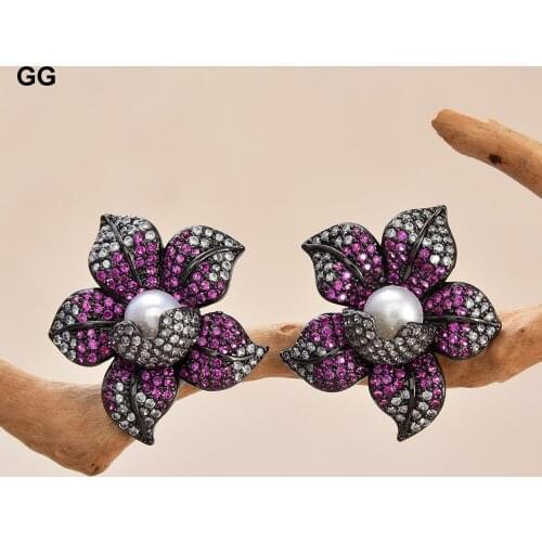 GuaiGuai Jewelry Cz Pave Pearl Earrings White Pearl Gunemtal Gold Plated Cz Flower Stud Earrings