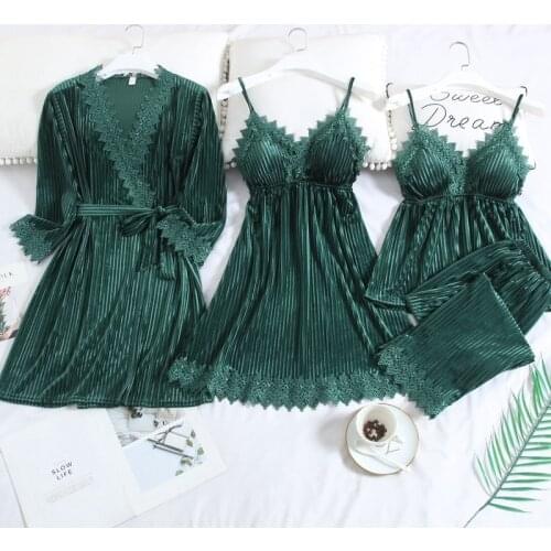 Kimono Robe Set Intimate Lingerie Green Pajamas Suit Velour Autumn New Sleep Set Homewear Velvet Nightwear Bathrobe Gown