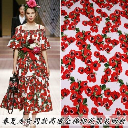 Cotton spring and summer high density red peony printing clothing fabric handmade DIY strap dress shirt cotton fabric
