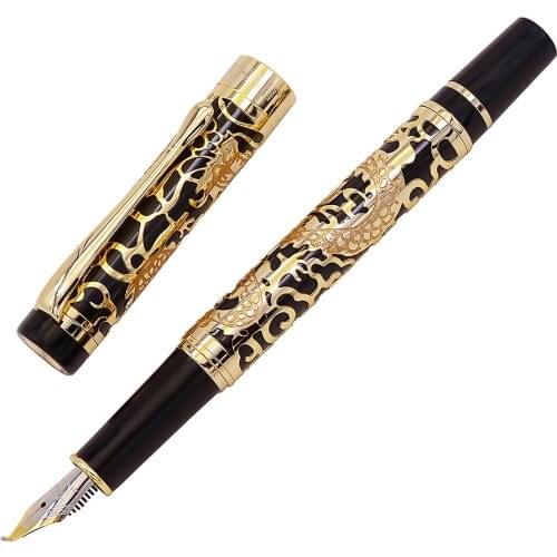 Jinhao 5000 Vintage Luxury Metal Calligraphy Fountain Pen Bent Nib Beautiful Dragon Texture Carving, Golden & Black Office Pen