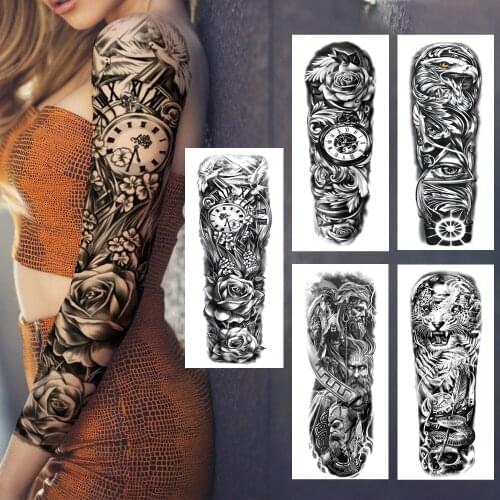 Compass Rose Temporary Tattoos Sleeve For Women Adults Eagle Evil Eye Samurai Tiger Snake Fake Tatoos Full Arm Tattoo Sticker 3D