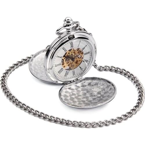 Fashion Silver Tone Double Full Hunter Case Roman Number Skeleton Steampunk Hand-wind Mens Mechanical Fob Pocket Watches New