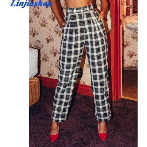 Fashion straight plaid pant women streetwear blended fabric high waist bottons chic pants trousers femme vestidos dropshipping