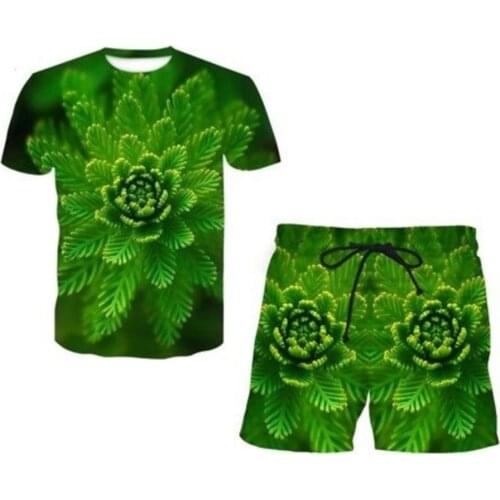 Summer new green plant leaf flower youth trend 3D digital printing Outfits mens round neck short sleeve