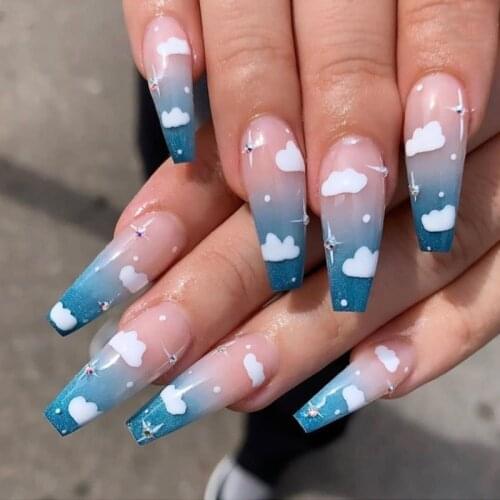 24PCS Extra Long Coffin Fake Nails Bluesky White Cloud Diamond Designed Press On False Nails JP1622-B3